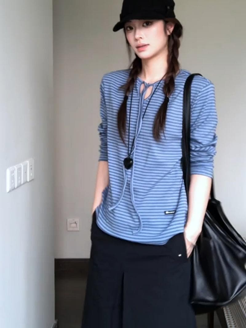 한 부서 레이스업 파란색 스트라이프 긴팔 티셔츠 여성 가을 새로운 루즈핏 슬림해 보이는 캐주얼 느슨함 센스 만나는 맨위 상세 이미지 4