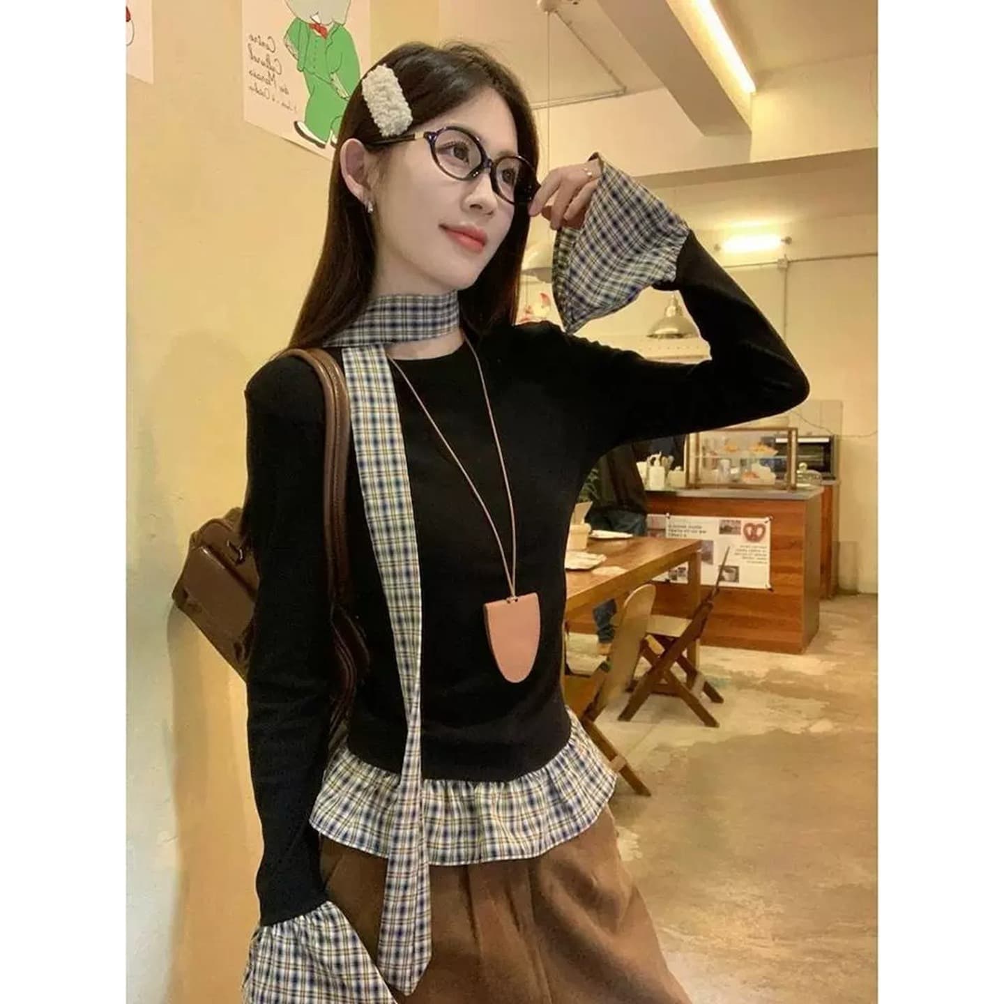 체크무늬 패치워크 레이스 기본 셔츠 여성 봄 가을 인사이드 가져 가라. 몸매 가꾸기 긴팔 티셔츠 검정색 외출용 맨위 이미지 5