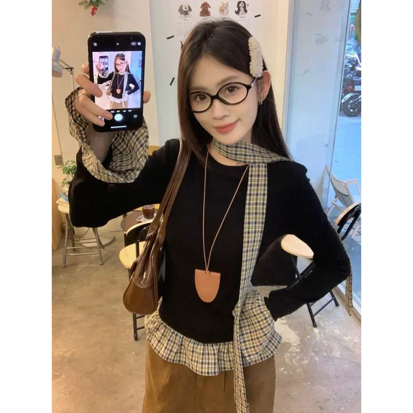 체크무늬 패치워크 레이스 기본 셔츠 여성 봄 가을 인사이드 가져 가라. 몸매 가꾸기 긴팔 티셔츠 검정색 외출용 맨위 상세 이미지 1