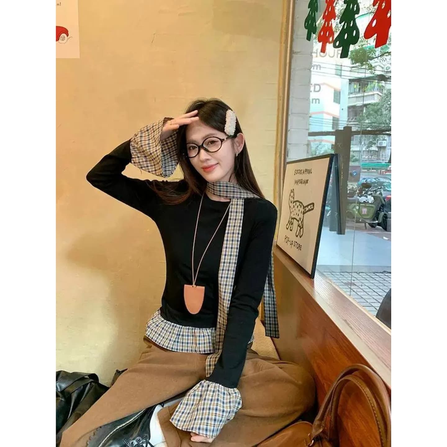 체크무늬 패치워크 레이스 기본 셔츠 여성 봄 가을 인사이드 가져 가라. 몸매 가꾸기 긴팔 티셔츠 검정색 외출용 맨위 상세 이미지 3