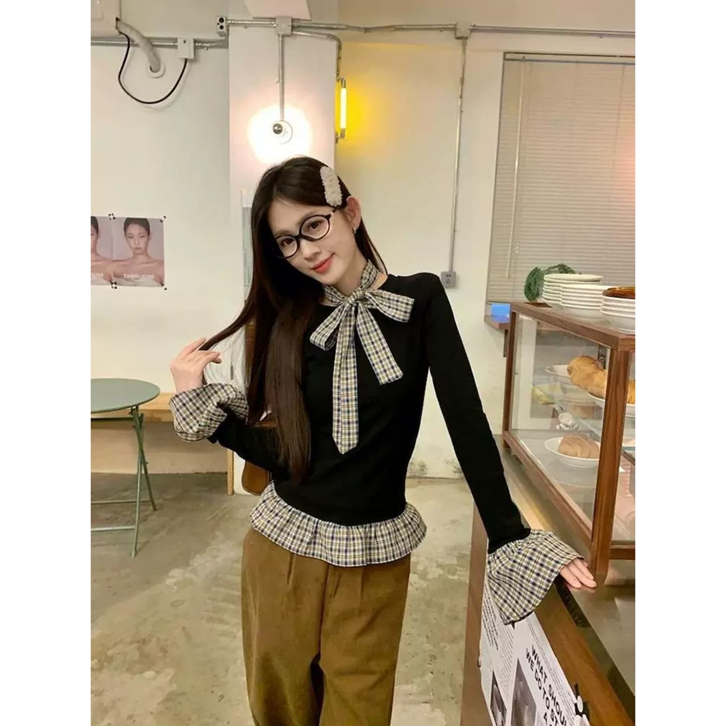 체크무늬 패치워크 레이스 기본 셔츠 여성 봄 가을 인사이드 가져 가라. 몸매 가꾸기 긴팔 티셔츠 검정색 외출용 맨위 상세 이미지 4