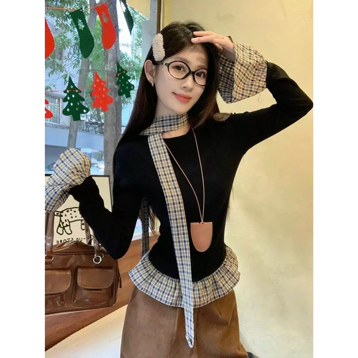 체크무늬 패치워크 레이스 기본 셔츠 여성 봄 가을 인사이드 가져 가라. 몸매 가꾸기 긴팔 티셔츠 검정색 외출용 맨위 상세 이미지 5