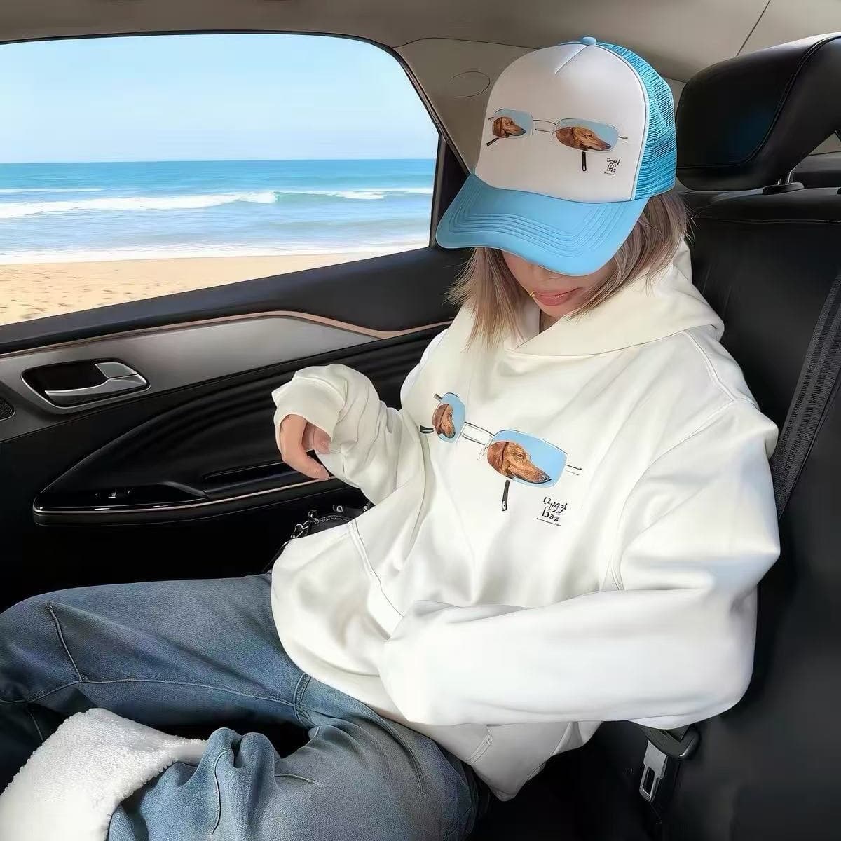 안경 강아지 재미있는 프린트 후드 티 스웨터 느긋한 다용도 털이 있는 풀오버 화이트 여성 코트 상세 이미지 1