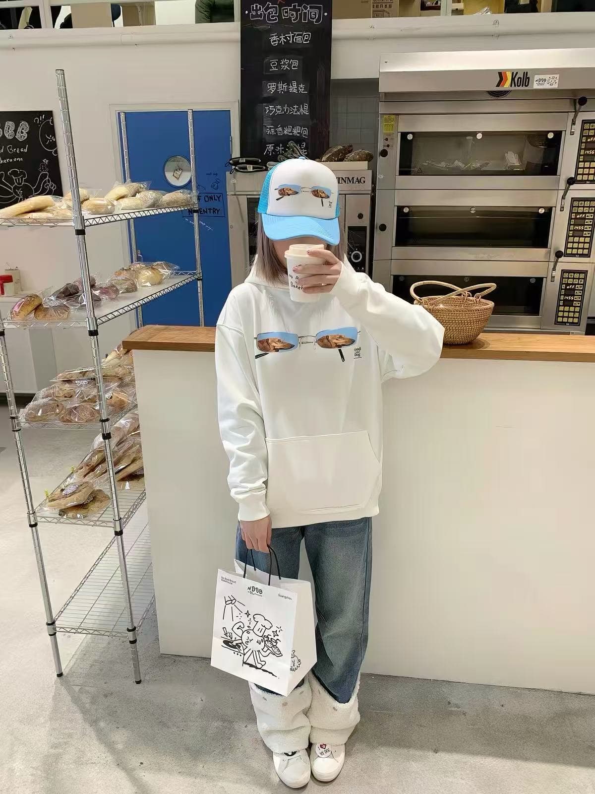 안경 강아지 재미있는 프린트 후드 티 스웨터 느긋한 다용도 털이 있는 풀오버 화이트 여성 코트 상세 이미지 4