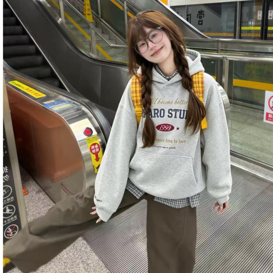 아메리칸 느긋한 바람 알파벳 프린트 밝은 회색 색상 후드 티 스웨터 여성 가을 겨울 새로운 루즈핏 Chic 다용도 재킷 트렌디 상세 이미지 1