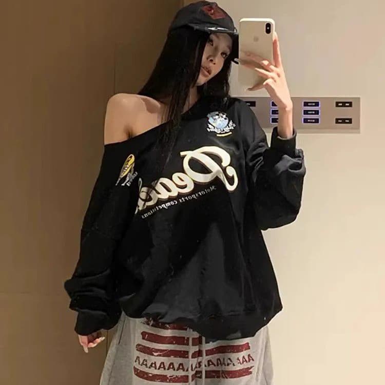 핫걸 비스듬한 어깨 후드티 여성 이른 가을 배색 알파벳 프린트 순면 루즈핏 긴팔 아메리칸 오프숄더 맨위 트렌디