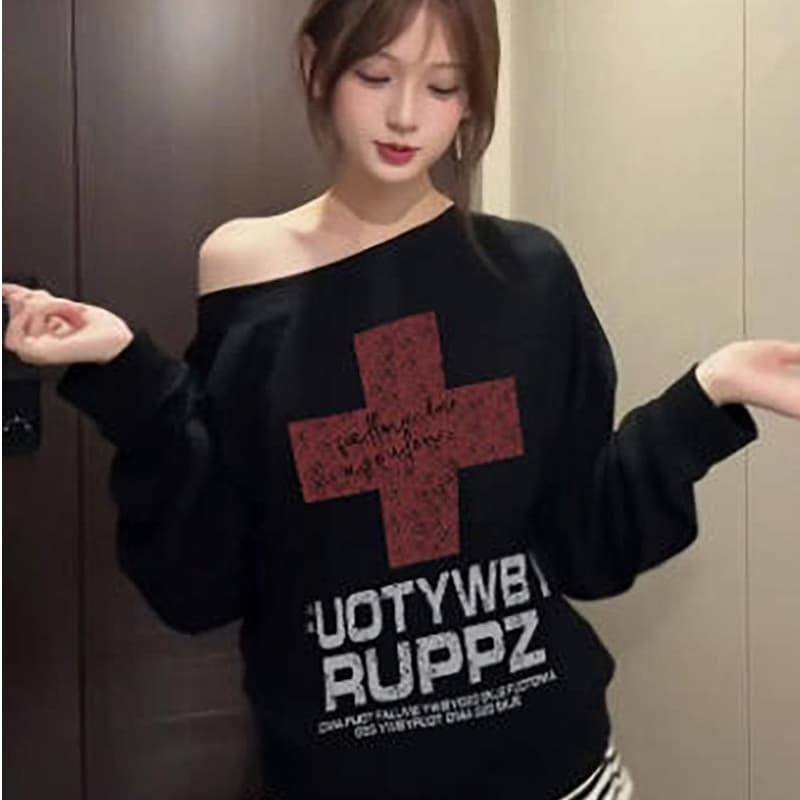 비스듬한 어깨 프린트 후드티 여성 상세 이미지 1