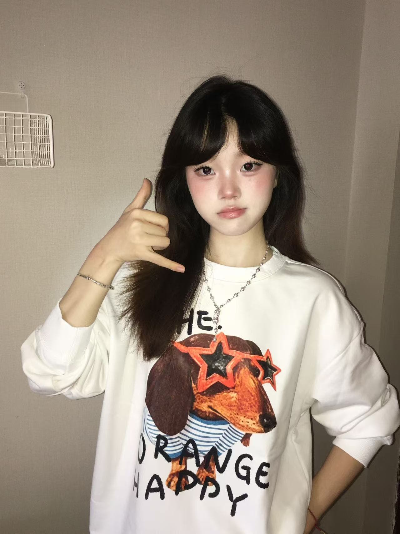 아메리칸 재미있는 유머러스 닥스 훈트 프린트 후드티 여성 2026 가을 겨울 털이 있고 두꺼운 라운드 넥 맨위 이미지 3