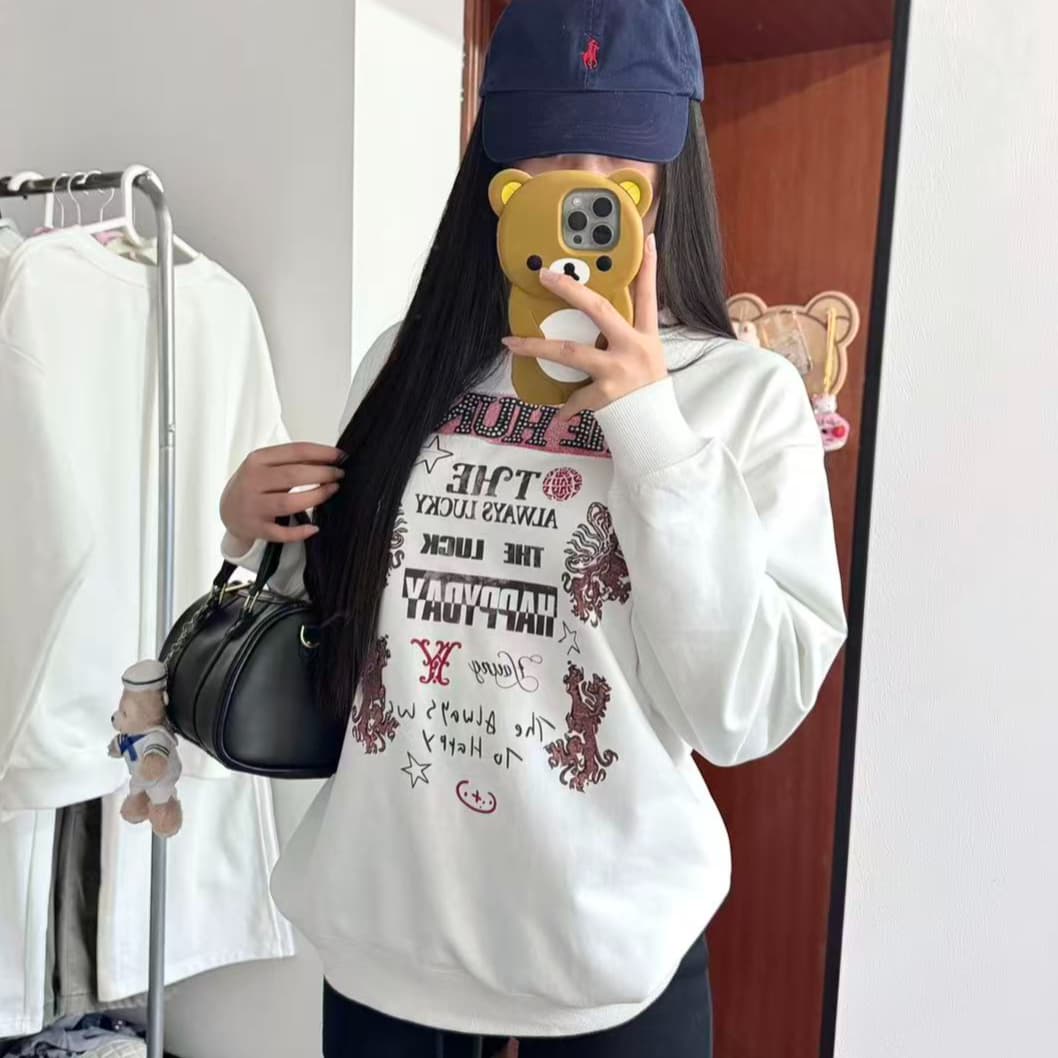 아메리칸 높음 거리 알파벳 프린트 라운드 넥 후드티 여성 디자인 센스 중성 바람 웃음 하 맨위 상세 이미지 1