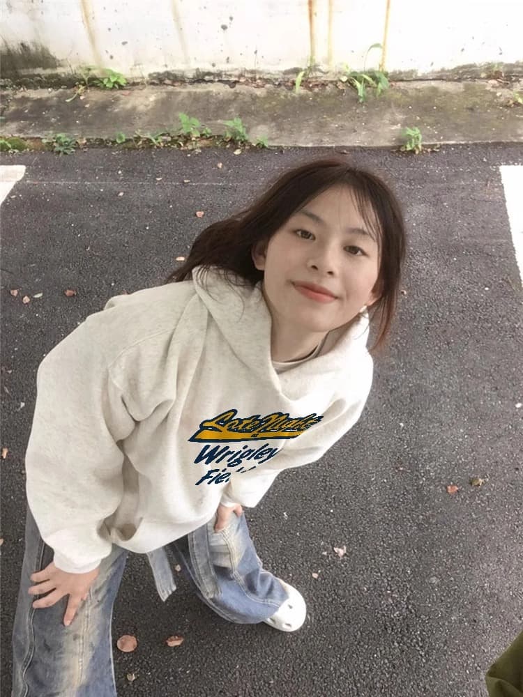 순면 가을 회색 알파벳 후드 티 스웨터 여성 2026 새로운 폭발 아메리칸 레트로 작은 키 루즈핏 재킷 상세 이미지 5