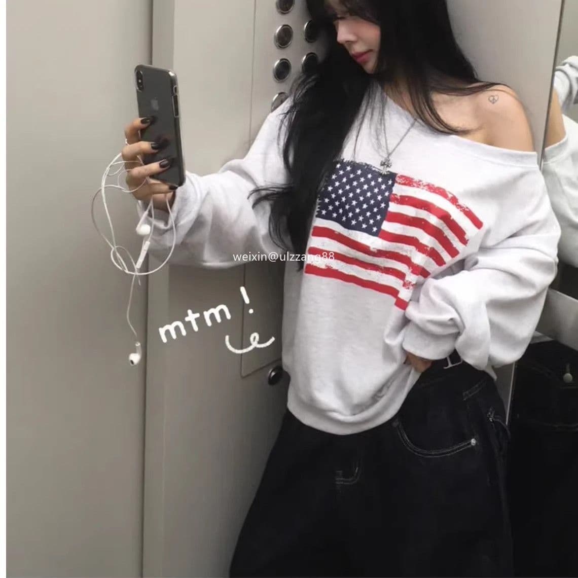 아메리칸 레트로 비스듬한 어깨 프린트 후드티 여성 가을 겨울철 루즈핏 작은 키 고급 센스 성조기 깃발 오프숄더 맨위 상세 이미지 4