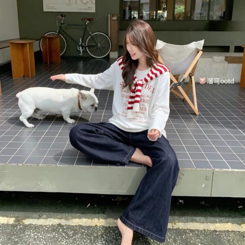 한 부서 화이트 알파벳 프린트 긴팔 티셔츠 여성 가을 루즈핏 캐주얼 느긋한 바람 만나는 맨위 이미지 5