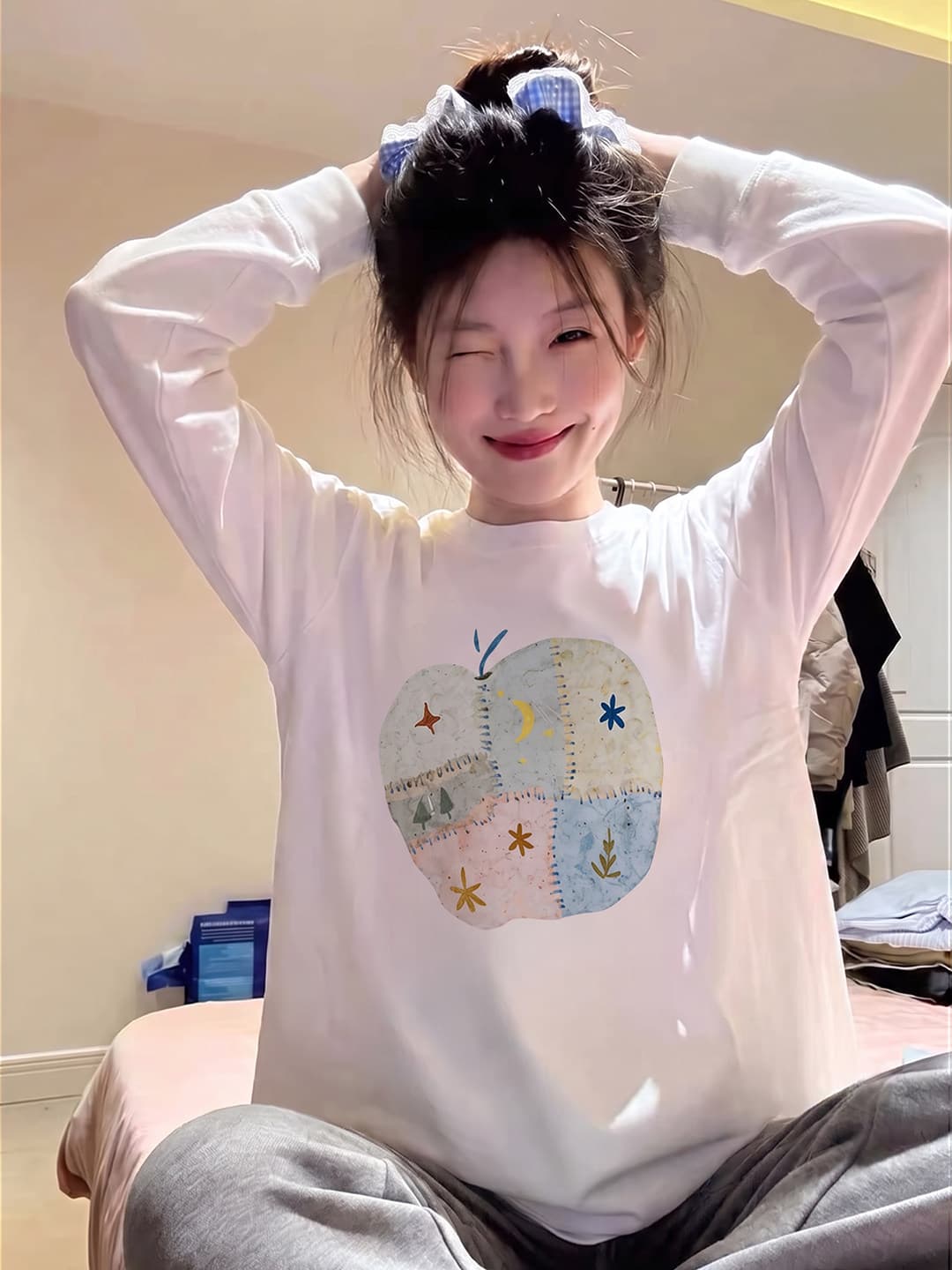 순면 아메리칸 긍정적 인 어깨 화이트 긴팔 티셔츠 여성 가을 루즈핏 기본 셔츠 작은 키 싱글 착용 인사이드 잡아라. 의류 이미지 4