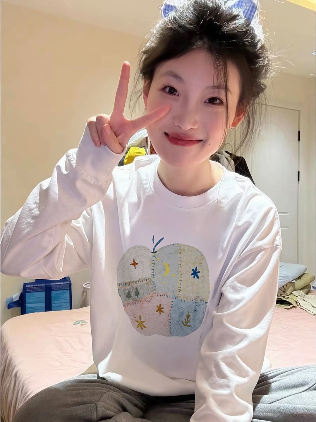 순면 아메리칸 긍정적 인 어깨 화이트 긴팔 티셔츠 여성 가을 루즈핏 기본 셔츠 작은 키 싱글 착용 인사이드 잡아라. 의류 상세 이미지 2