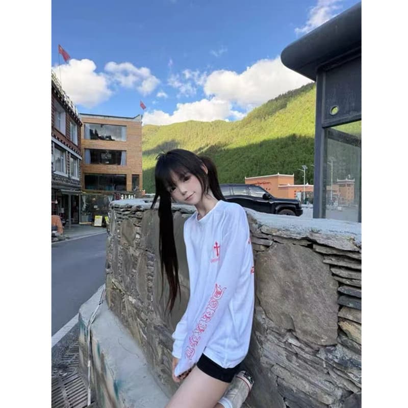 아메리칸 레트로 십자가 긴팔 자외선 차단 블라우스 여성 여름 느긋한 바람 루즈핏 눈꽃 면 얇은 맨위 상세 이미지 5