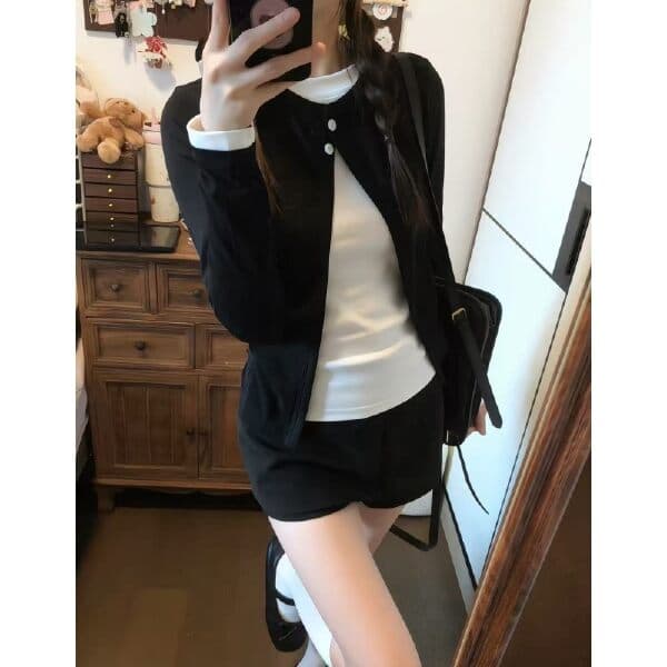 페이크 레이어드 배색 오픈 가디건 긴팔 티셔츠 여성 가을 한 부서 디자인 센스 몸매 가꾸기 슬림해 보이는 기본 셔츠 미니멀리즘 맨위 상세 이미지 4