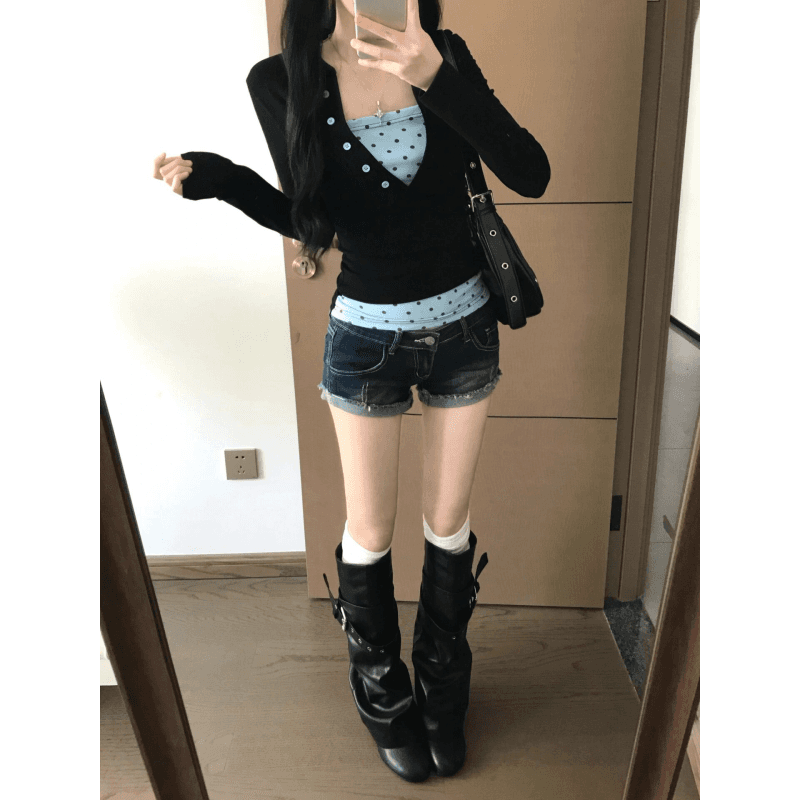 아메리칸 달콤한 차가운 핫걸 배색 도트 무늬 페이크 레이어드 긴팔 티셔츠 여성 가을 2026 새로운 허리 수축 슬림해 보이는 맨위 상세 이미지 1