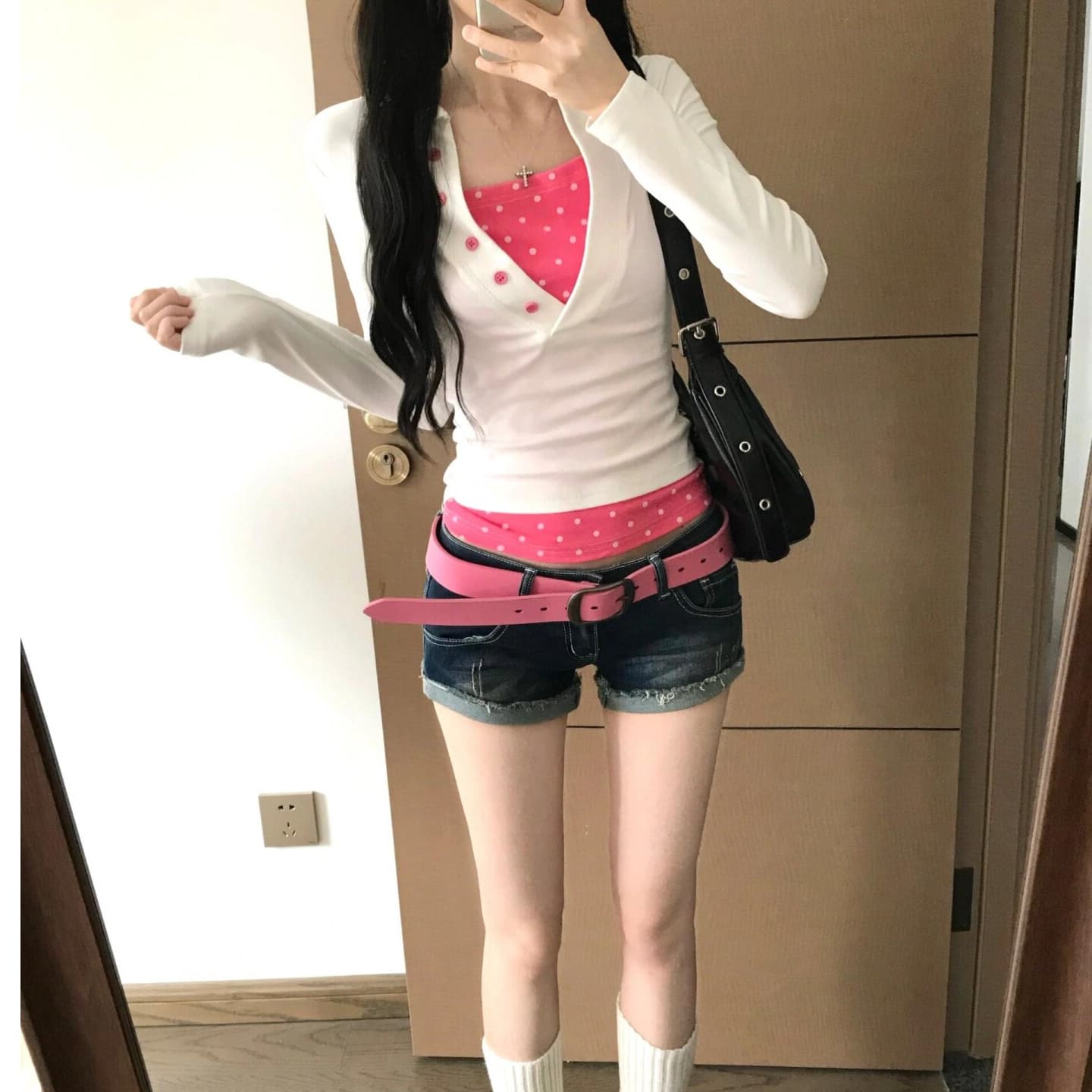 아메리칸 달콤한 차가운 핫걸 배색 도트 무늬 페이크 레이어드 긴팔 티셔츠 여성 가을 2026 새로운 허리 수축 슬림해 보이는 맨위 상세 이미지 4
