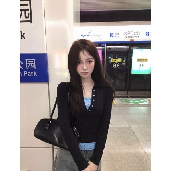 한 부서 배색 도트 무늬 페이크 레이어드 polo 긴팔 티셔츠 여성 가을 허리 수축 몸매 가꾸기 달콤한 매운맛 맨위 상세 이미지 4
