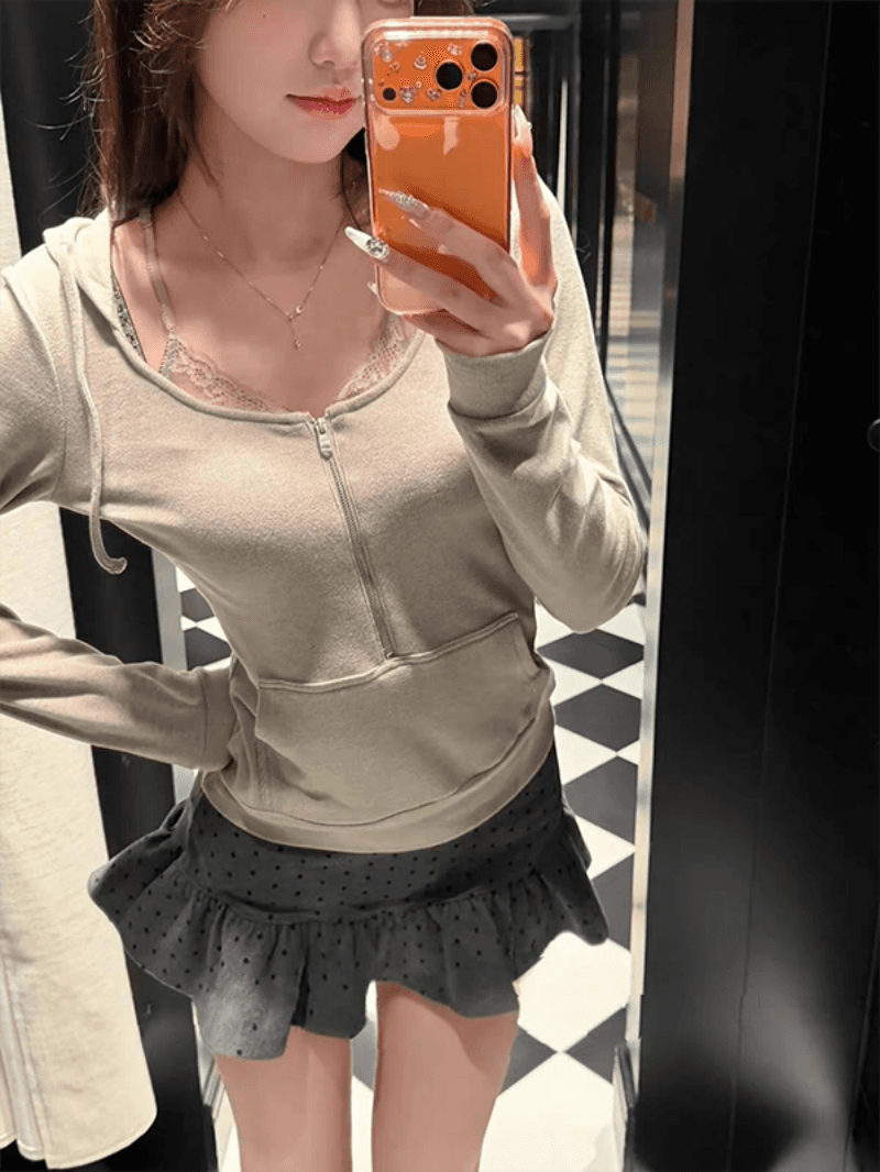 한 부서 캐주얼 품격 착용 가져 가라. 하프 지퍼 후드 여성 코트 몸매 가꾸기 슬림해 보이는 빛 산소 센스 후드티 작은 키 맨위 이미지 3
