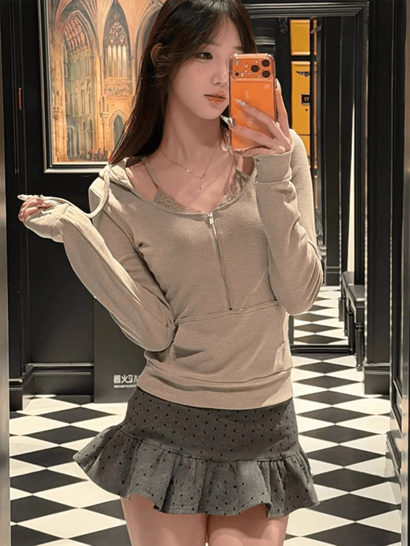 한 부서 캐주얼 품격 착용 가져 가라. 하프 지퍼 후드 여성 코트 몸매 가꾸기 슬림해 보이는 빛 산소 센스 후드티 작은 키 맨위 이미지 2