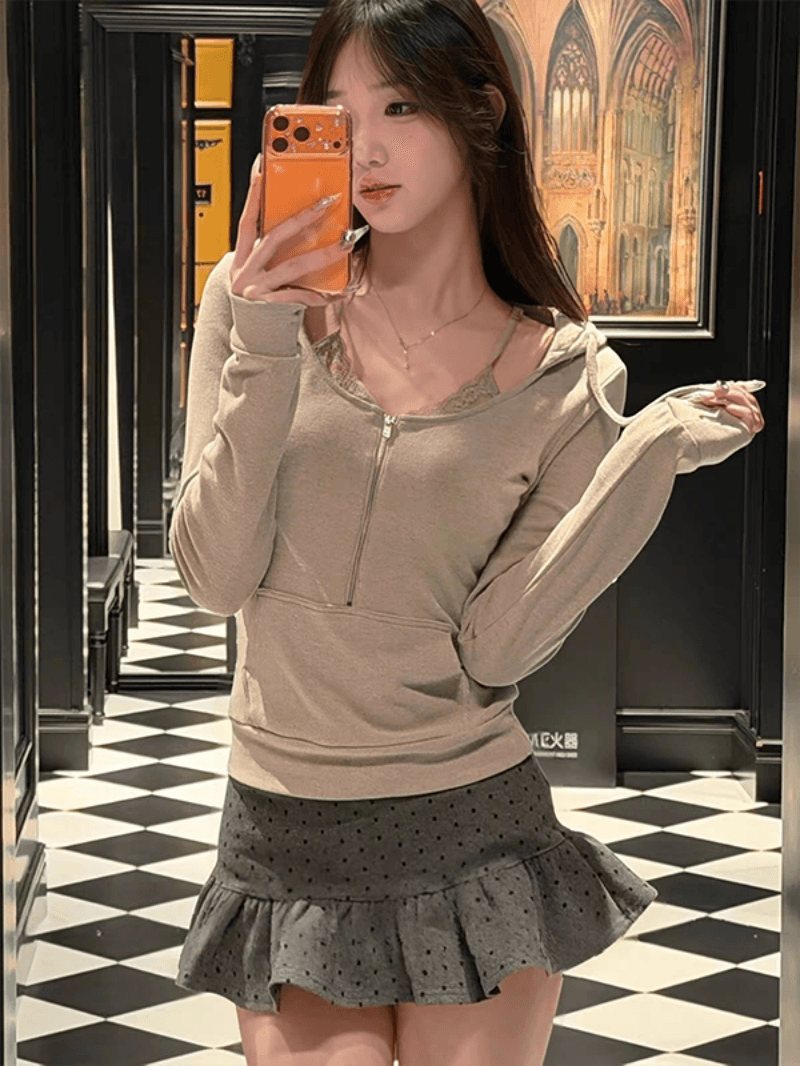 한 부서 캐주얼 품격 착용 가져 가라. 하프 지퍼 후드 여성 코트 몸매 가꾸기 슬림해 보이는 빛 산소 센스 후드티 작은 키 맨위