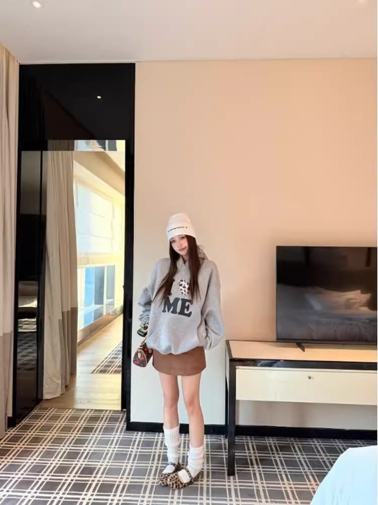 아메리칸 레트로 느긋한 바람 알파벳 프린트 레오파드 무늬 하트 후드 티 스웨터 여성 봄 가을 새로운 루즈핏 슬림해 보이는 모자 셔츠 이미지 3