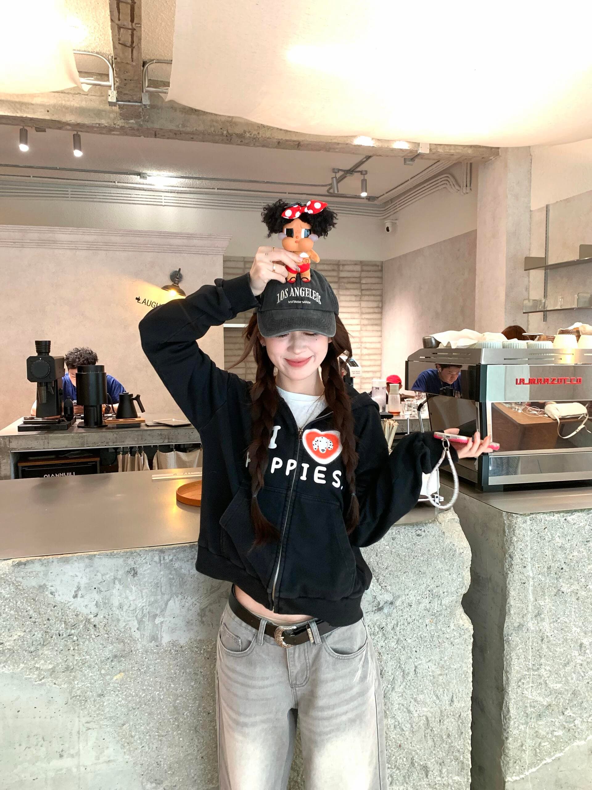 아메리칸 레트로 튀김 소금 후드 티 스웨터 여성 가을 2026 새로운 귀여운 강아지 프린트 지퍼 오픈 가디건 짧은 외투 상세 이미지 2