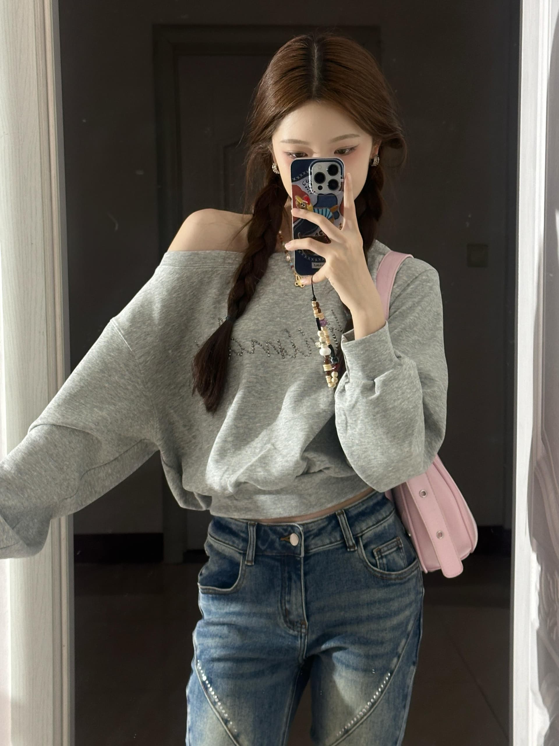 아메리칸 레트로 핫걸 핫픽스 보트넥 후드티 여성 조기 가을 새로운 디자인 센스 작은 대중 쇼트 스타일 긴팔 맨위 상세 이미지 1