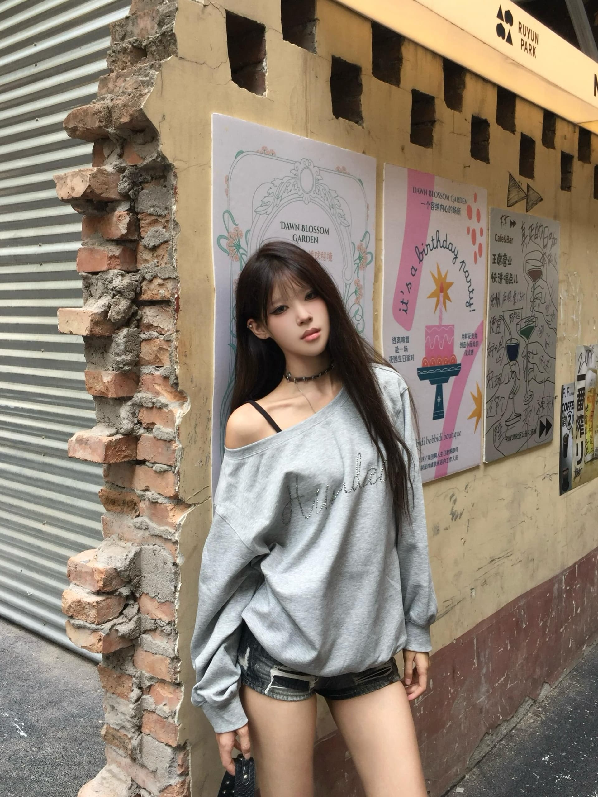 아메리칸 한 단어 비스듬한 오프숄더 핫픽스 후드티 여성 봄 가을 얇은 스타일 루즈핏 느긋한 핫걸 바람 쇼트 스타일 높음 거리 맨위 상세 이미지 1