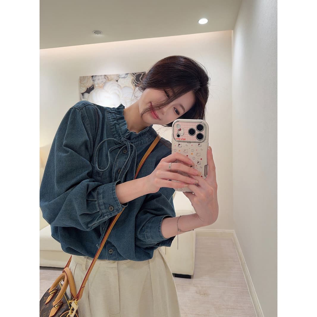 한 부서 레트로 레이스 칼라 레이스업 데님 여성 셔츠 2026 가을 Chic 디자인 센스 긴팔 맨위 이미지 2