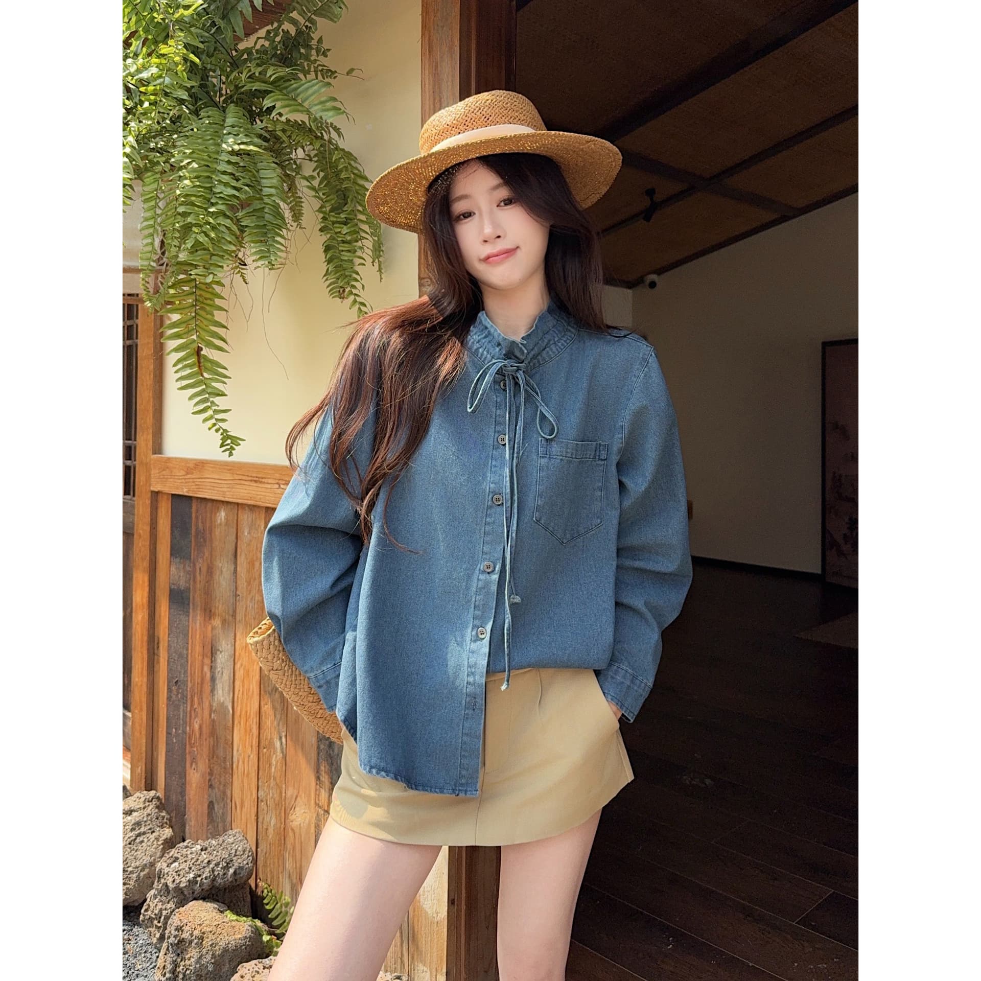 한 부서 레트로 레이스 칼라 레이스업 데님 여성 셔츠 2026 가을 Chic 디자인 센스 긴팔 맨위 상세 이미지 1