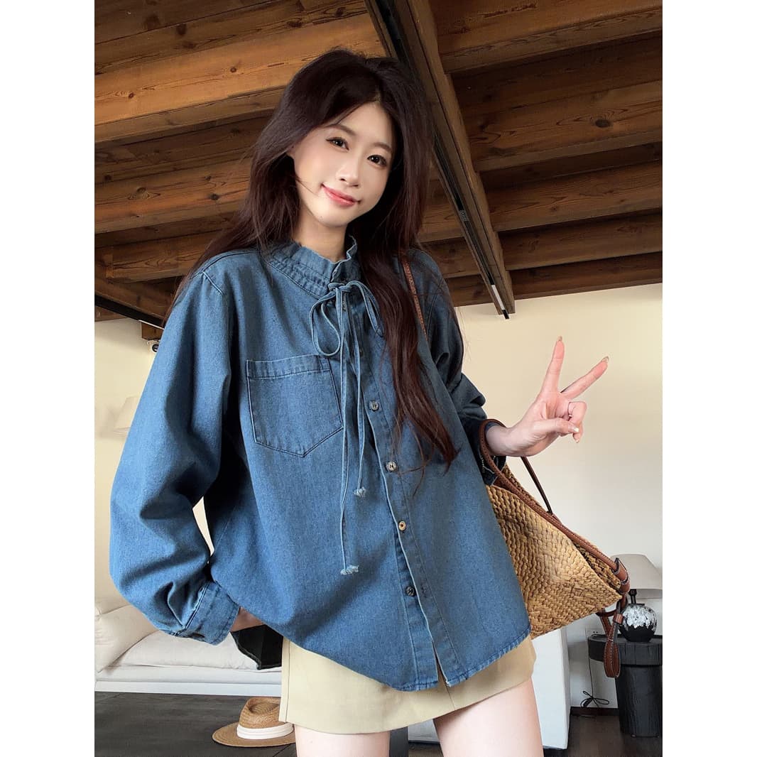 한 부서 레트로 레이스 칼라 레이스업 데님 여성 셔츠 2026 가을 Chic 디자인 센스 긴팔 맨위 상세 이미지 5