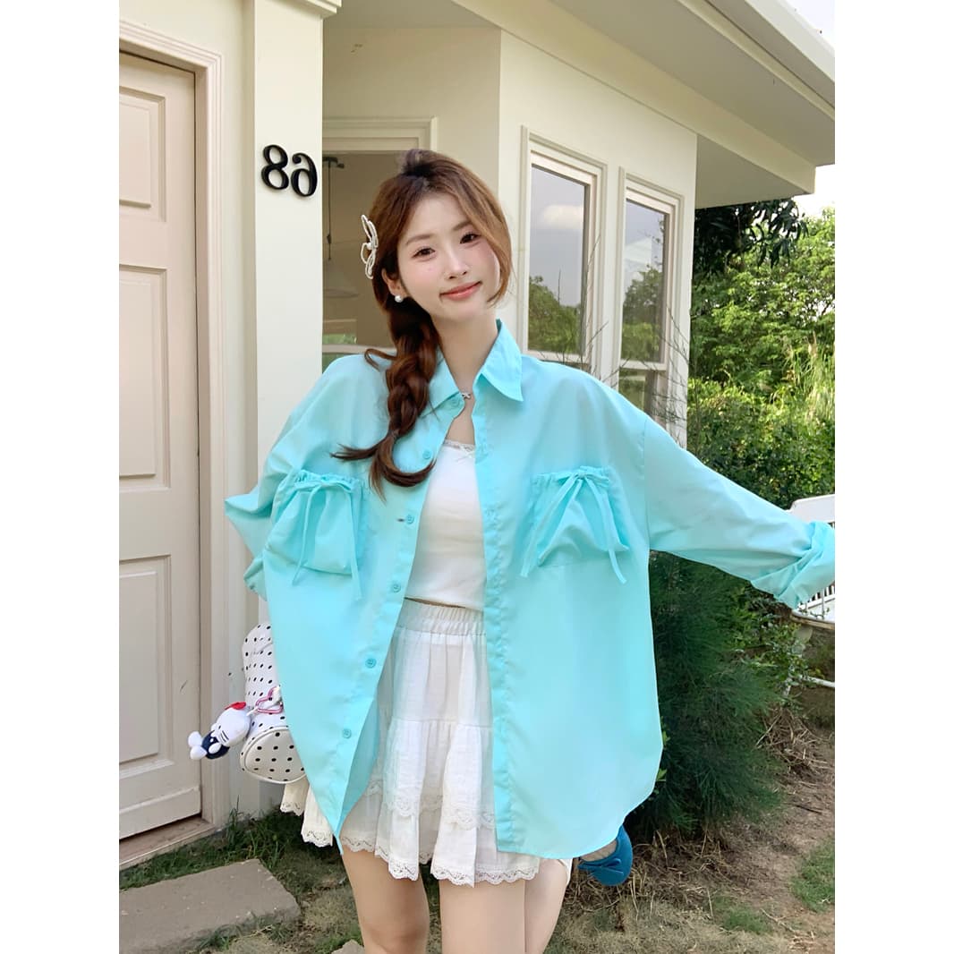 한 부서 루즈핏 주머니 펌프 로프 스트랩 여성 셔츠 2026 가을 새로운 Chic 디자인 센스 맨위 상세 이미지 1