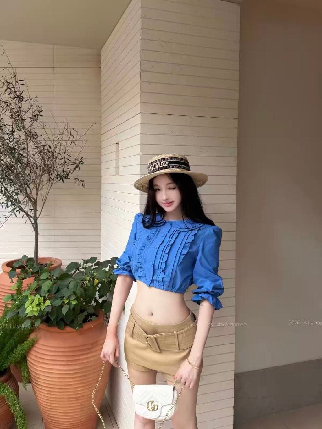 순면 베이비 칼라 중간 소매 여성 셔츠 새로운 디자인 센스 몸매 가꾸기 셔츠 품격 쇼트 스타일 이슬 뼈의 맨위 이미지 3