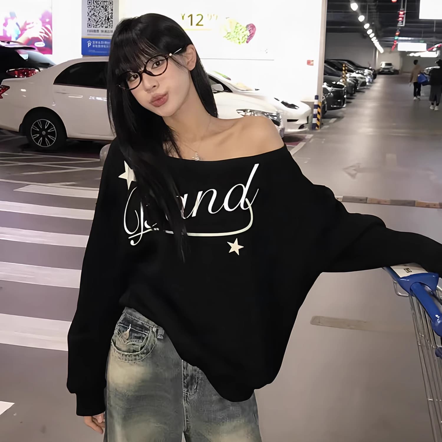 아메리칸 거리 비스듬한 어깨 후드티 여성 가을 착용 가져 가라. 알파벳 프린트 긴팔 느긋한 바람 루즈핏 슬림해 보이는 오프숄더 맨위 상세 이미지 1