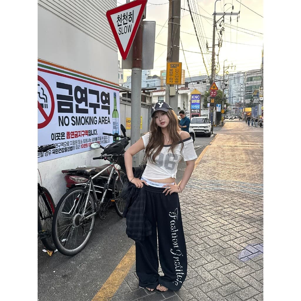 알파벳 프린트 스트레이트 펌프 로프 캐주얼 바지 여성 새로운 루즈핏 슬림해 보이는 넓은 다리 길이 바지 트렌디