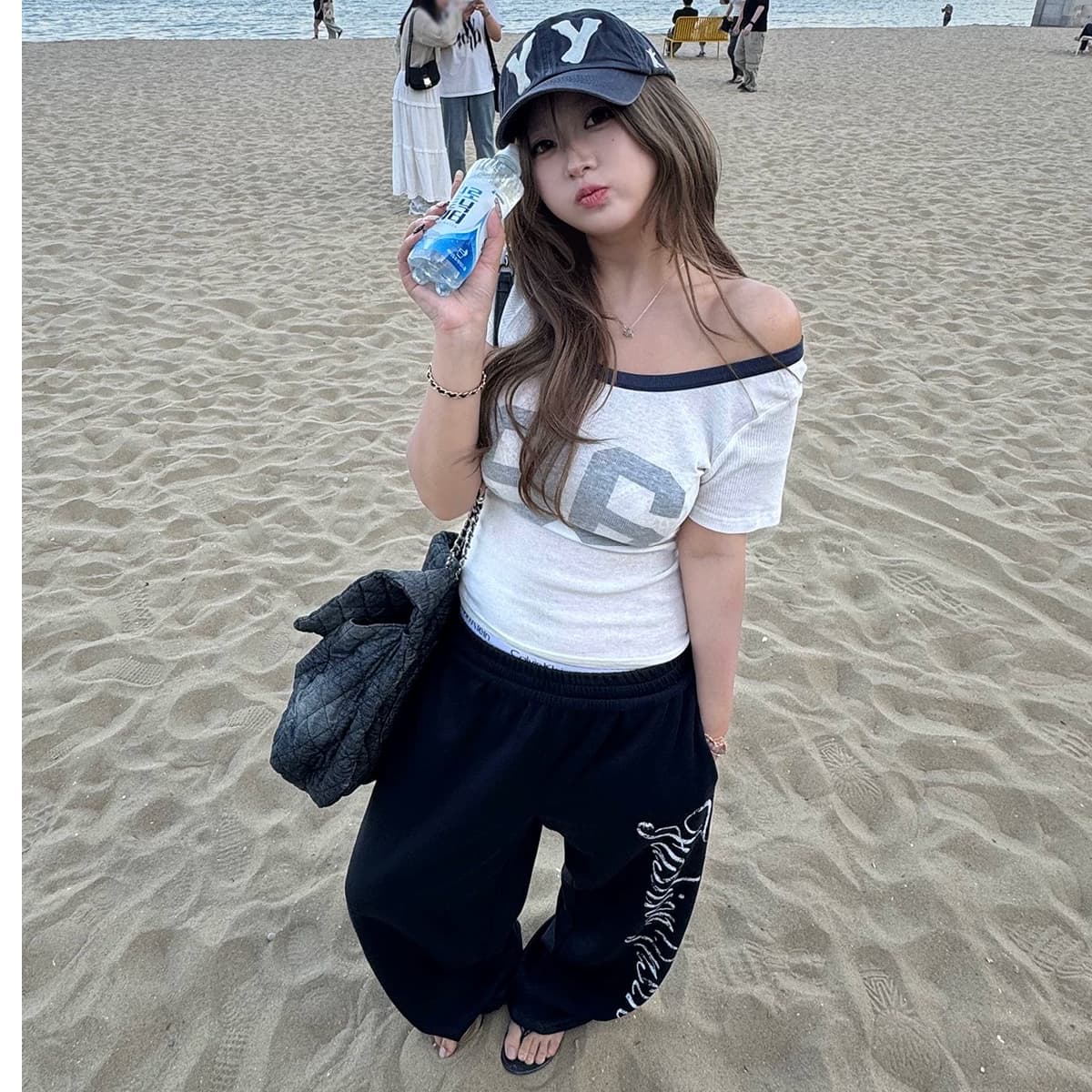 알파벳 프린트 스트레이트 펌프 로프 캐주얼 바지 여성 새로운 루즈핏 슬림해 보이는 넓은 다리 길이 바지 트렌디 상세 이미지 2