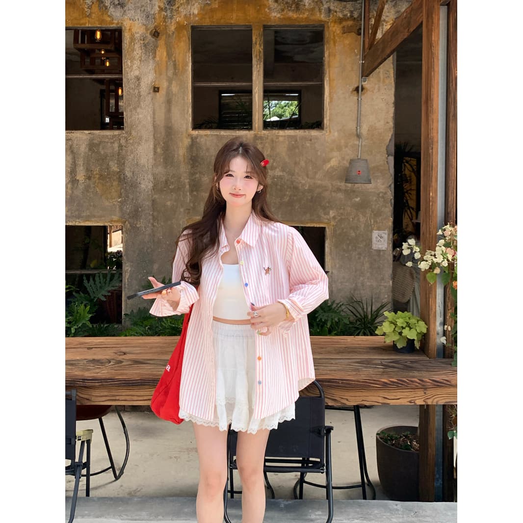 스트라이프 색상 버클 긴팔 블라우스 2026 가을 디자인 센스 Chic 작은 말 자수 맨위 재킷 상세 이미지 4