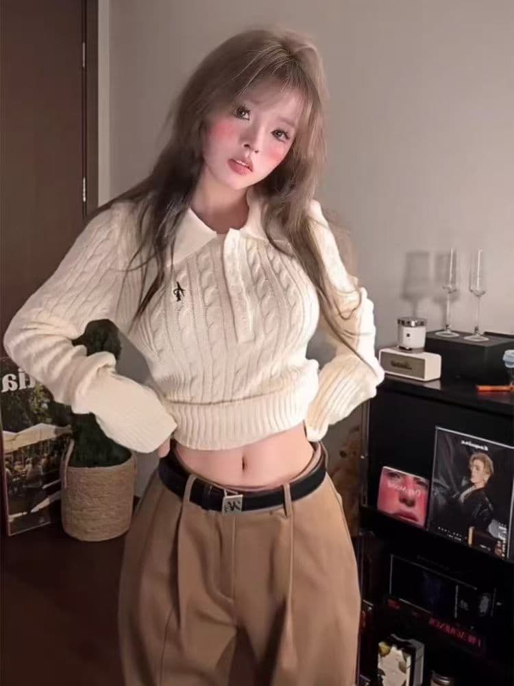 한 부서 레트로 폴로 칼라 꽈배기 풀오버 스웨터 여자 허리 수축 슬림해 보이는 다용도 니트 스웨터 맨위 상세 이미지 9