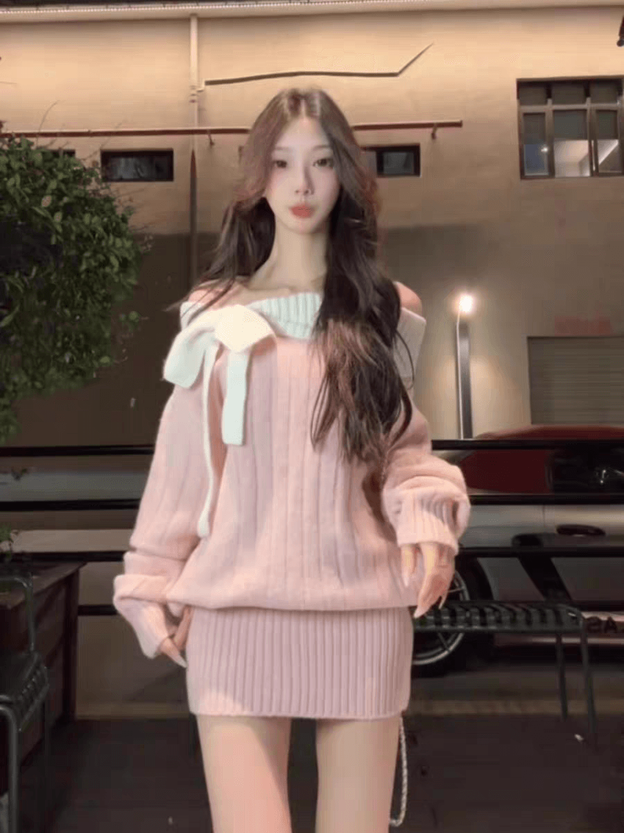 부유 한 가족 천 골드 착용 가져 가라. 오프숄더 핑크색 나비 매듭 니트 드레스 가을 겨울 프랑스식 자이언트 잘 생긴 타이트 스커트 미니 스커트 이미지 2