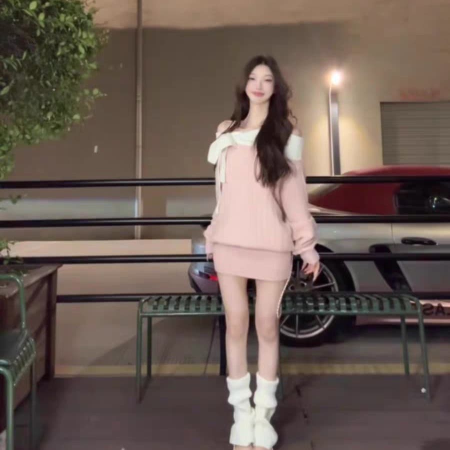 부유 한 가족 천 골드 착용 가져 가라. 오프숄더 핑크색 나비 매듭 니트 드레스 가을 겨울 프랑스식 자이언트 잘 생긴 타이트 스커트 미니 스커트 이미지 5