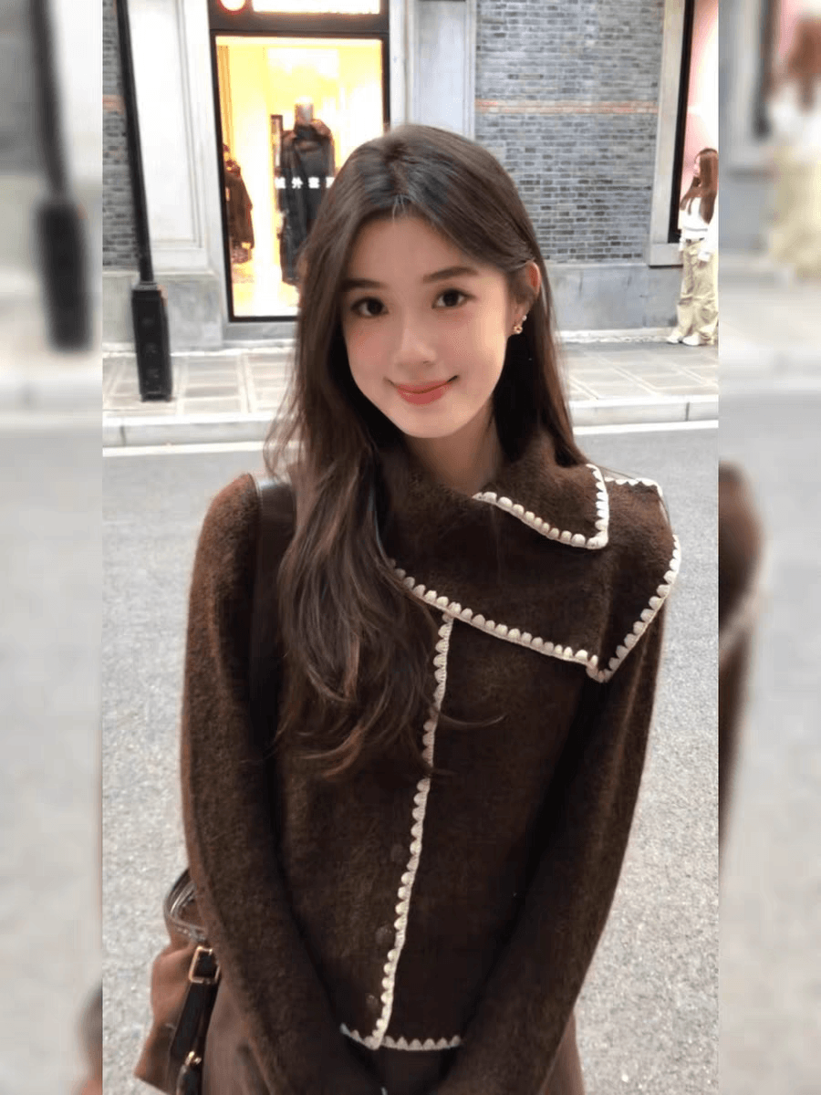 아름다움 라드. 레트로 커피 색상 스카프 칼라 배색 스웨터 외출용 인사이드 가져 가라. 가을 겨울 보온 여성 한 부서 니트 스웨터 맨위 이미지 3
