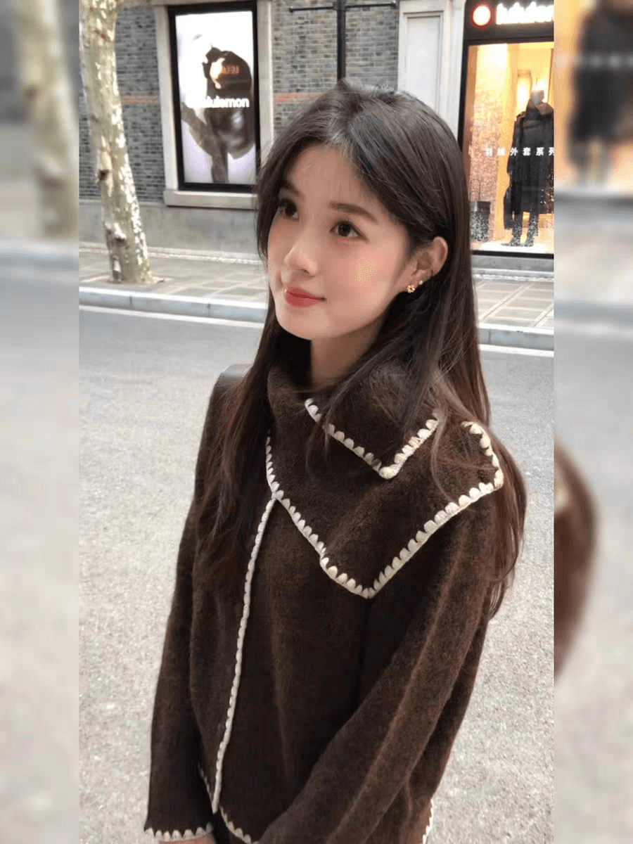 아름다움 라드. 레트로 커피 색상 스카프 칼라 배색 스웨터 외출용 인사이드 가져 가라. 가을 겨울 보온 여성 한 부서 니트 스웨터 맨위 이미지 4