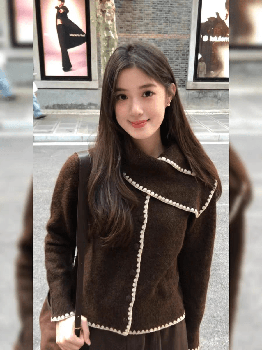 아름다움 라드. 레트로 커피 색상 스카프 칼라 배색 스웨터 외출용 인사이드 가져 가라. 가을 겨울 보온 여성 한 부서 니트 스웨터 맨위 상세 이미지 2