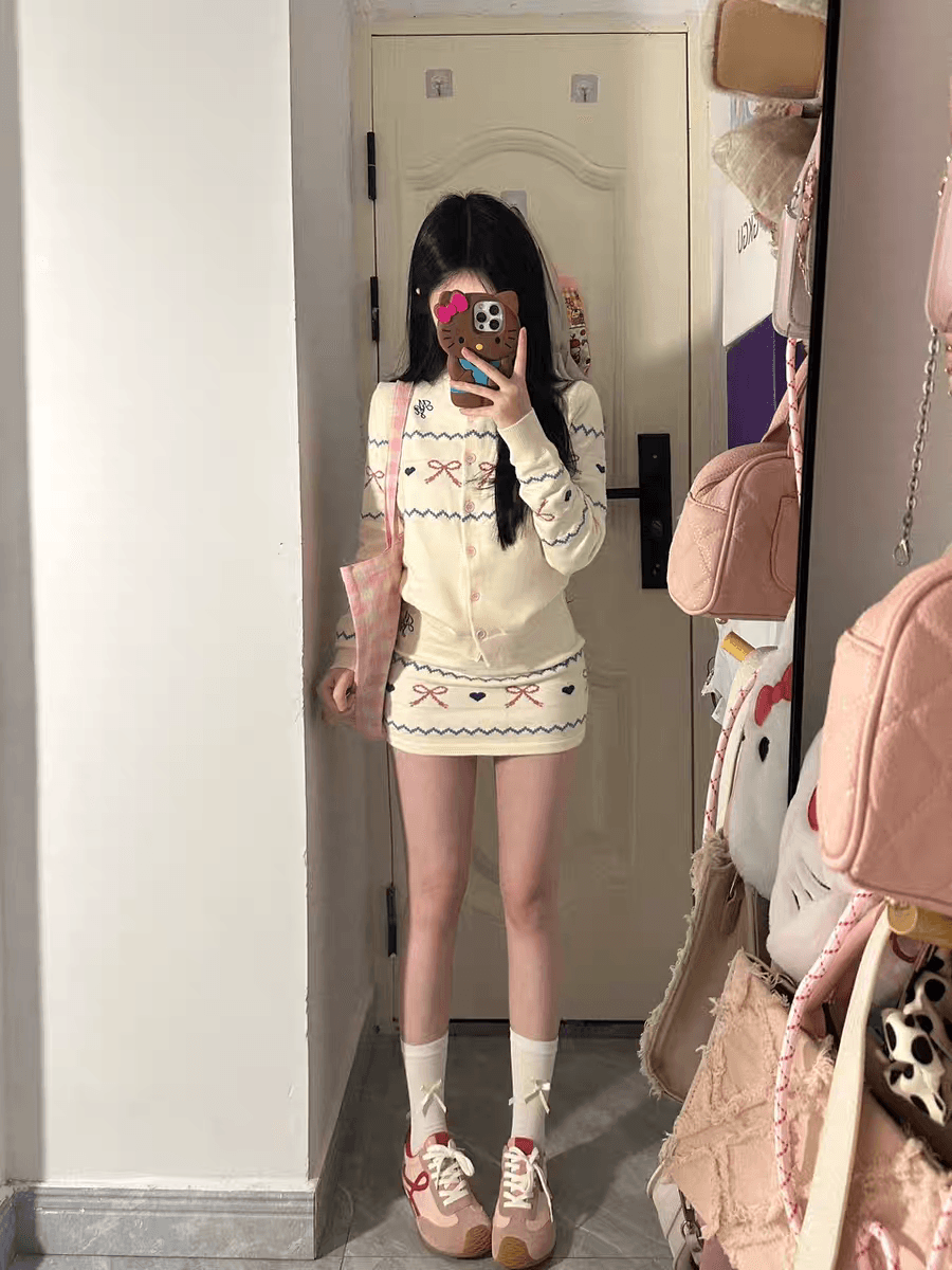 자이언트 잘 생긴 가을 겨울 ootd 착용 가져 가라. 전체 집합 공정한 섬 바람 스웨터 니트 오픈 가디건 미니 스커트 작은 키 투피스 세트 상세 이미지 4