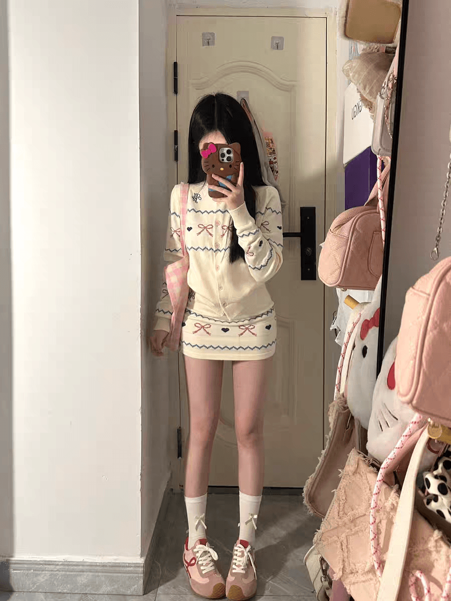 자이언트 잘 생긴 가을 겨울 ootd 착용 가져 가라. 전체 집합 공정한 섬 바람 스웨터 니트 오픈 가디건 미니 스커트 작은 키 투피스 세트 상세 이미지 5