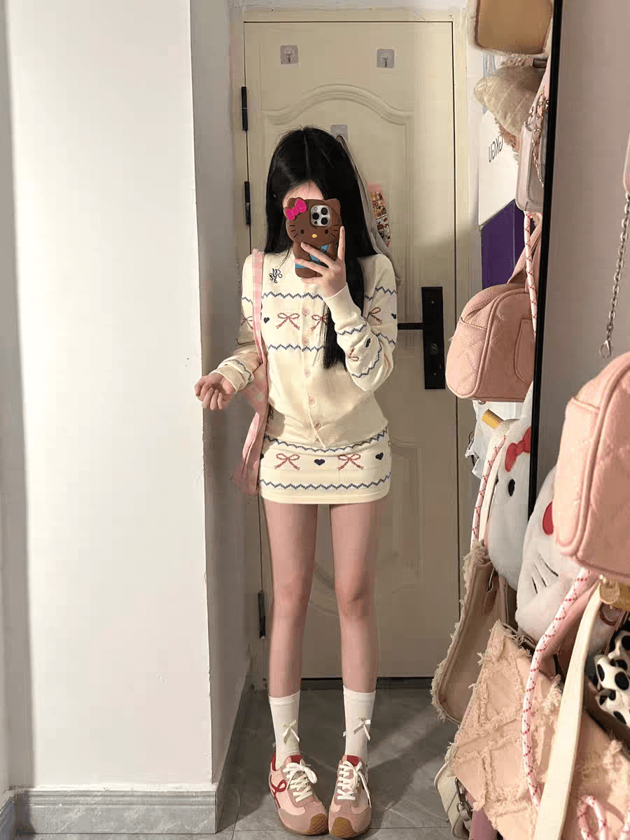 자이언트 잘 생긴 가을 겨울 ootd 착용 가져 가라. 전체 집합 공정한 섬 바람 스웨터 니트 오픈 가디건 미니 스커트 작은 키 투피스 세트 상세 이미지 6