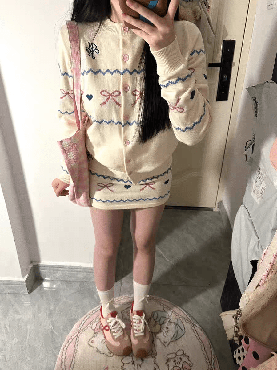 자이언트 잘 생긴 가을 겨울 ootd 착용 가져 가라. 전체 집합 공정한 섬 바람 스웨터 니트 오픈 가디건 미니 스커트 작은 키 투피스 세트 상세 이미지 7