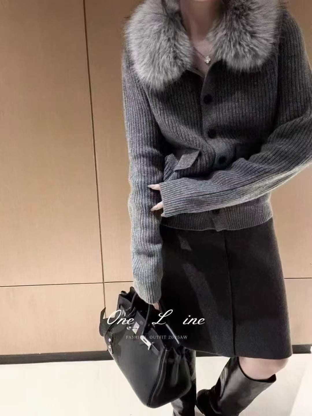 한 부서 탈착식 모피 칼라 니트 오픈 가디건 여성 가을 겨울 세련된 주머니 디자인 스웨터 상세 이미지 9